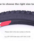 Close-up of a bike tire showing a tire size indicator for Two Pack 26 Inch Bike Inner Tubes With Presta Valve 48mm Durable Butyl Rubber Replacement Tubes Includes Two Tire Strips And Two Tire Levers For 26x1.9 1.95 2.0 2.125 Tires Ready To Roll.