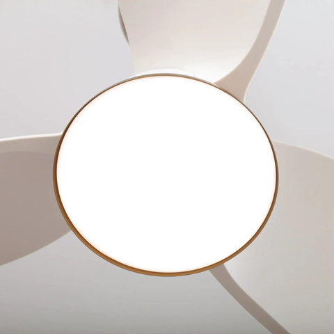 Compact Ceiling Fan With Remote And LED Light For Bedroom And Covered Patio 28 Inch Three Blade Brass Body Quiet Energy Efficient Motor No Fuss Install Ideal For Small Rooms And Outdoor Covered Spaces, close-up of LED light and fan blades