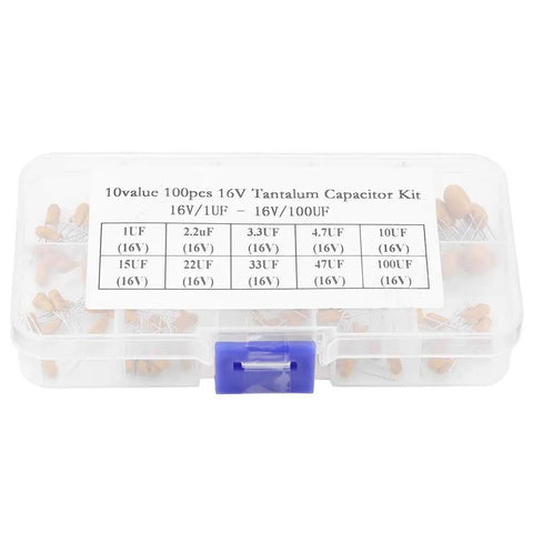 Badass Tantalum Capacitor Assortment Kit Featuring Ten Value Variations In A Nifty Labeled Storage Box; clear tub with 100pcs capacitors.