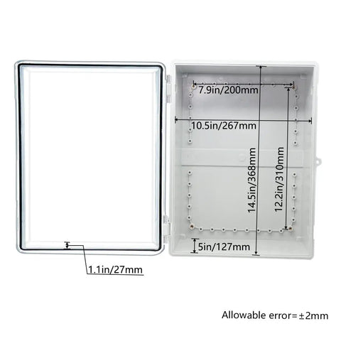 Open Outdoor Waterproof Junction Box with Clear Hinged Cover IP65 ABS Plastic, showing interior dimensions for wiring projects.