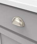 Upgrade Your Kitchen Game With Solid Core Cabinet Pulls, Satin Nickel Cup Handles For Dressers And Doors, 3 Inch Center Furniture Hardware Featuring Classic Williamsburg Style Vintage Vibes on gray drawer.