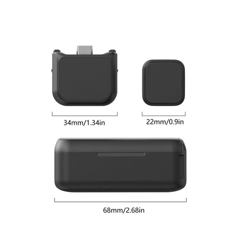 Dual Wireless Microphone Kit Featuring Portable Magnetic Lavalier Design With Snappy Plug Play Setup And Top Tier 24 Bit Audio dimensions, with compact receiver and transmitter.