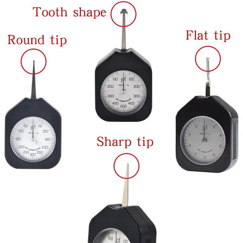 Badass Dial Gram Tension Gauge Slick Precision Force Meter Dead On Accurate Push Pull Tester For Switches Valves And Triggers Smooth Needle Reading Built Like A Tank For Auto Techs No Mess Setup showing different tip shapes.