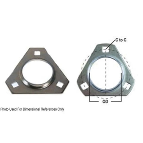 New Aftermarket 3 Bolt Triangular Flange Half Bearing Heavy Duty Steel showing dimensions and design for smooth installation.