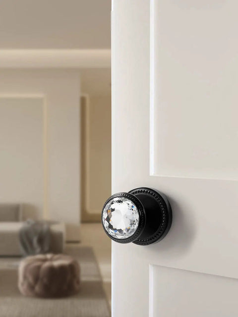 Gold Interior Privacy Glass Door Knob With Lock For Bedroom And Bathroom, Crystal Clear Knob on White Door