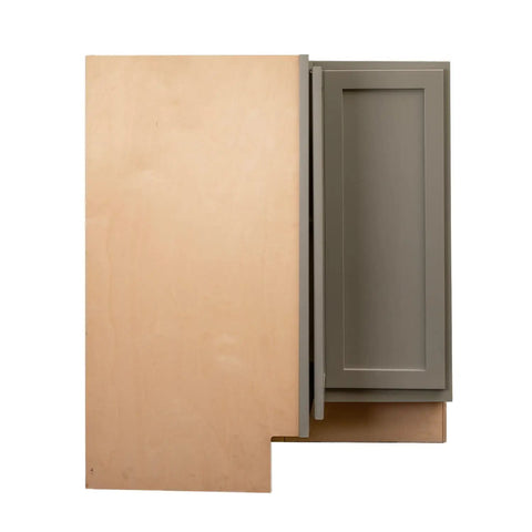 Zero Drama Setup Shaker Base Kitchen Cabinet With Lazy Susan Half Inch Plywood Construction Smooth Glide Soft Close Hinges Magnetic Gray Finish 18 X 30 X 34.5 Inches Made In America showing gray cabinet door and frame construction.