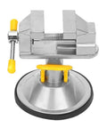 360 Degree Rotating Table Vise With Suction Cup Base For Jewelry Repair And DIY Bench Work Compact Lightweight Portable Clamp For Stable Hold And Easy Angles On Any Surface, silver metal vise with yellow handle