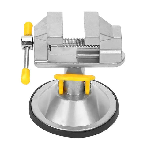 360 Degree Rotating Table Vise With Suction Cup Base For Jewelry Repair And DIY Bench Work Compact Lightweight Portable Clamp For Stable Hold And Easy Angles On Any Surface, silver metal vise with yellow handle and suction base