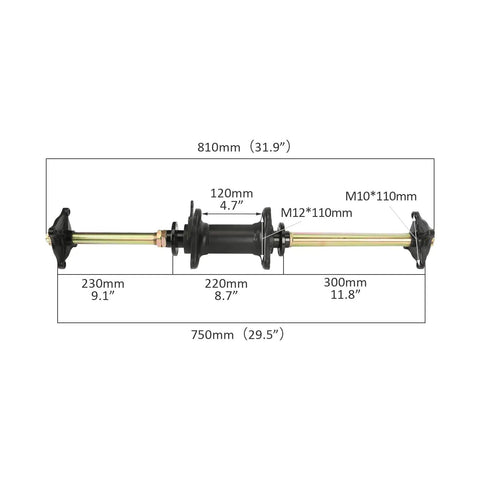 Diagram showing dimensions of 32 Inch 810mm Rear Axle Kit With 4 Stud Wheel Hub Carrier for DIY GY6 ATV UTV Go Kart Buggy.