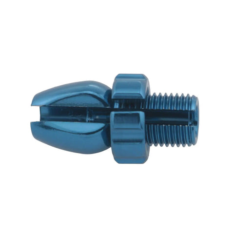Close-up of blue aluminum alloy brake lever adjustment screw, part of Two Pack Aluminum Alloy Brake Levers With Adjustment Screws For Bicycle Components.