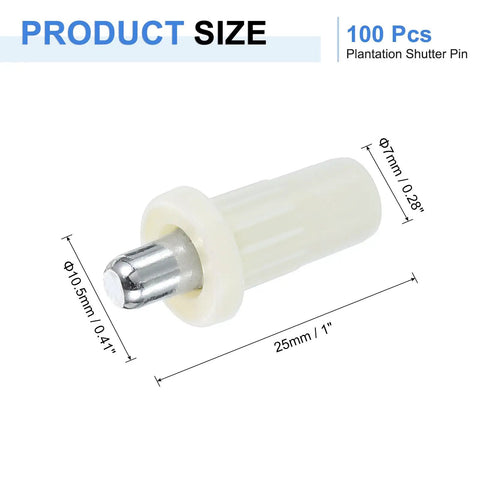 Heavy Duty Plantation Shutter Repair Pins, Spring Loaded Metal Pins For Louvers Windows, 100 Pack White, showing size and design details.