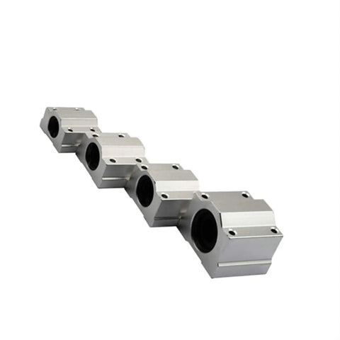 4 Pack Linear Motion Bearing Slides, SCS Series 6UU To 20UU And 8LUU To 20LUU, 6-20mm Length, Dope For CNC Parts, 3D Printer Upgrades, Precision Machines, DIY Projects, Includes SCS16UU Variant. four silver linear bearing blocks in a row