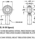 Heavy Duty 1/2 X 5/8-18 Thread Four Link Rod End Kit With Right Hand And Left Hand Steel Spherical Bearings Plus Jam Nuts And Cone Spacers Made Dang Tough For Hot Rod Suspension Swaps specifications diagram showing dimensions and material details.