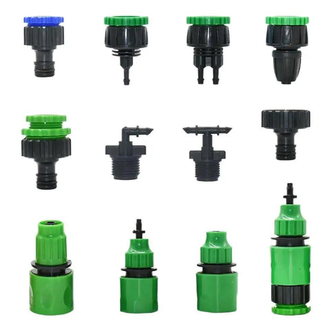 20 Pack Quick Connect Garden Hose Fittings Set With 1/4 Inch To 1 Inch Sizes For Quick No Fuss Hose Repair, Drip Irrigation, And Watering System Connectors Made From Durable Plastic. Assorted black and green plastic hose fittings