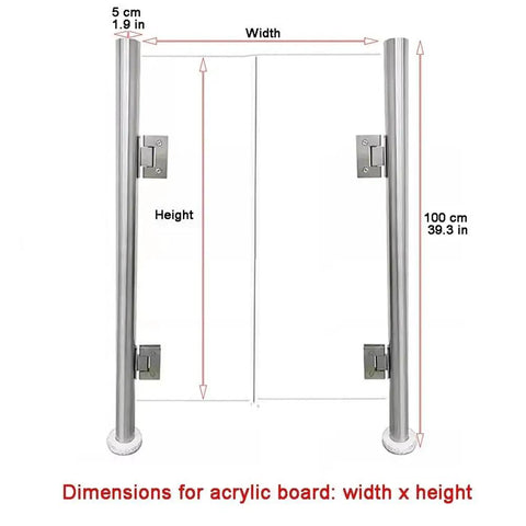 Rock Solid Heavy Duty Metal Swing Safety Gate dimensions with stainless steel frame and clear acrylic board details.