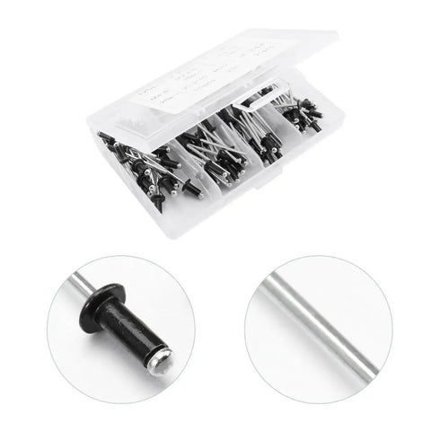 Easy Install Blind Rivets 120 Piece Black Aluminum Assortment Kit With M2.4 M3.2 M4 Standard Head Fasteners in box