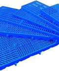 Lightweight Plastic Pallet Interlocking Storage System with breathable grid design, blue stackable pallets in various sizes.