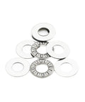 Rock Solid Inch Thrust Needle Roller Bearing Five Piece Set With Two Matching Washers Pre Lubricated For Smooth Hydraulic Cylinder Spin And Heavy Duty Forging Press Work, showing five washers.