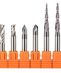 Killer Solid Carbide Router Bits Set For Woodworking Engraving And Milling With 6.35Mm Shank, 8-piece cutting tools with orange holders.