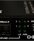 Close-up front view of Plug And Play Open SFP Slot DIN Rail Gigabit Ethernet Switch with visible ports and indicator lights.