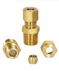 Three brass connectors for the Six Inch Inline Water Filter For Refrigerator Ice Maker With Brass Quarter Mip And Seven Sixteenths Compression Adapters.