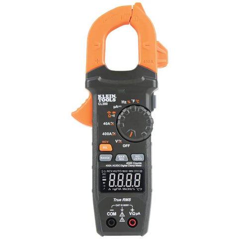 Pro Grade AC DC Digital Clamp Meter With Auto Ranging 400 Amp Capacity Non Contact Voltage Tester Hi Vis LCD TRMS meter front view