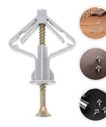 Heavy Duty Drywall Anchors And Screws Kit with plastic butterfly anchors and steel screws shown in close-up with installation examples.