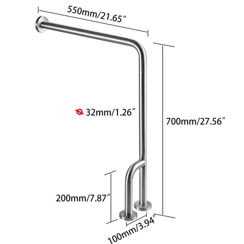 Heavy Duty Toilet Safety Rail 27.5 Inch Bathroom Grab Bar Featuring Brushed Stainless Steel Build, wall mount design and dimension details.