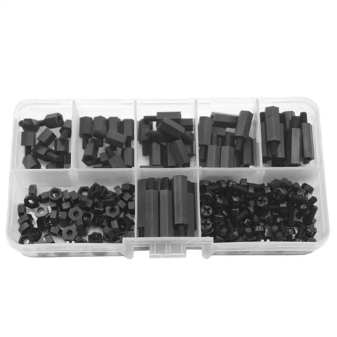 Solid M3 Nylon Standoff And Hex Spacer Assortment Kit Loaded With Matching Screws And Nuts For Fpv Racing Drone Frames PCB Electronics Project Gear Build Out 180 Pieces in black organizer.