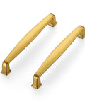 A Must Have Hella Sturdy Brushed Brass Cabinet Handles And Pulls With 5 Inch Center To Center Spacing For Kitchens And Drawers Features A Clean Look And Comes In A 30 Pack Bulk Set - close-up of two brass cabinet handles.