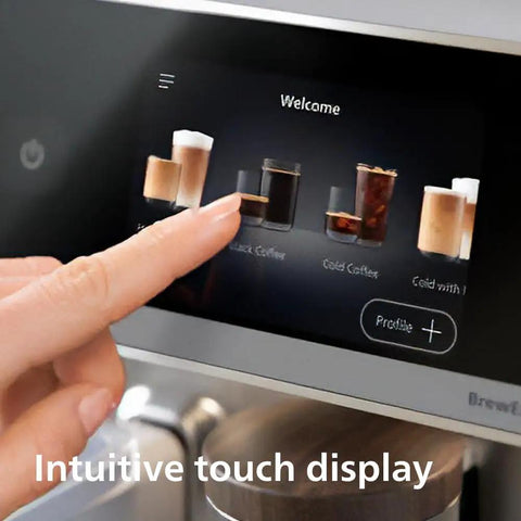 User selecting options on the intuitive touch display of Super Automatic Espresso Maker With Smooth LatteGo Pro Milk Frother Brewextract Grind Boost For Heavy Bean Kick Seven Adjustable Intensities And Fifty Plus Hot Cold Drinks To Hit Your Daily Vibe.