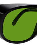 Pro Laser Safety Glasses With OD 8 Plus Polycarbonate Lenses, oversized black frame with green lenses for UV protection.