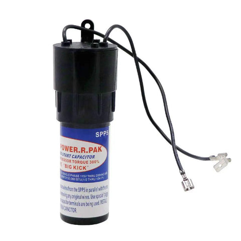 SPP5 Hard Start Capacitor Relay with wires, designed to boost startup torque 300% for coolers, fits 115 to 288 volts.