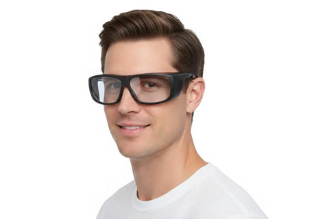 Bombproof CO2 Laser Goggles With Rock Solid OD 6 Plus Filter And Hella Clear 75 VLT Lens For Engraving Cutting And Marking Projects CE EN207 Certified rugged goggles shown on a man.
