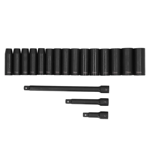 Premium Drive Impact Socket Set Ranging From 10 To 24mm Heavy Duty Cr V Chrome Steel Deep Hex Kit For Serious Automotive Repair And Machine Maintenance Jobs That Need Real Grit And Reliability.