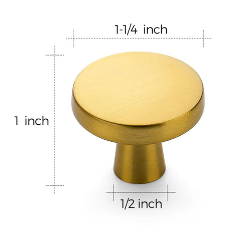 Heavy Gauge Brushed Brass Cabinet Knobs 5 Pack Featuring Smooth Round Edges And Top Shelf Solid Build To Fast Track Your Kitchen Remodel And Make Every Drawer Look Absolutely Sick, showing dimensions and design.