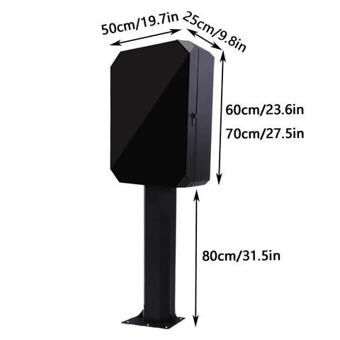 Locking EV Charger Weatherproof Enclosure With Mounting Post shown in black with dimensions, made of galvanized steel and tempered glass.