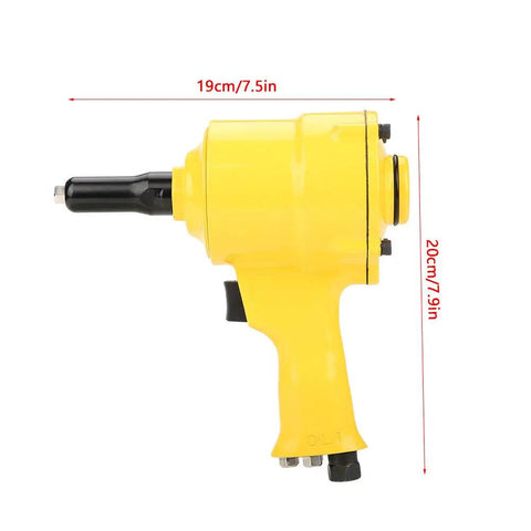 Professional Grade Pneumatic Rivet Gun With Knockout Grip Design And Killer Pull Power Air Powered Riveting Tool side view, yellow, 19cm x 20cm.