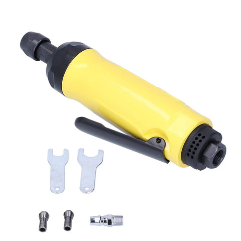 Compact Mini Angle Pneumatic Grinder Portable Air Die Grinder in yellow, includes attachments for precision DIY work.