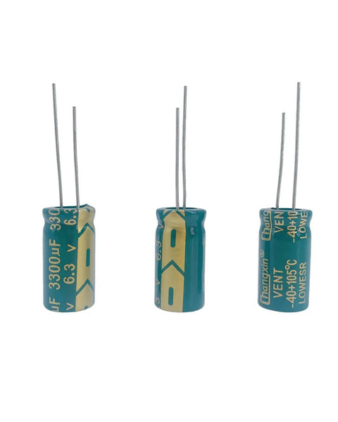 Built Tough Aluminum Electrolytic Capacitors 3300uf 6.3v 10x20mm 20 Pack High Performance Electronic Components For Audio Systems Desktop Builds And Hassle Free Circuit Repairs in three views.