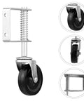 Heavy Duty Spring Loaded Gate Caster Wheels Roll Like Butter On Rough Yards With Beefy Four Inch Rubber Tires Universal Self Leveling Mount For Wooden Gates, adjustable spring bracket and black rubber wheel.