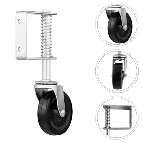 Heavy Duty Spring Loaded Gate Caster Wheels Roll Like Butter On Rough Yards With Beefy Four Inch Rubber Tires Universal Self Leveling Mount For Wooden Gates, adjustable spring bracket and black rubber wheel.