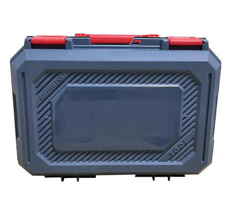 Heavy Duty 21 Volt Brushless Cordless Electric Rivet Gun storage case with red latches, designed for metal fastening jobs.