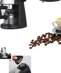 Top Shelf Espresso Coffee Machine With Quick Steam Milk Frother For Creamy Cappuccinos And Bold Lattes Compact Five Bar Brewer, coffee beans and cup.