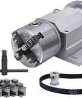 Beefy 3 Jaw Chuck 100mm And 4 Jaw Chuck 80mm Set For Router And Woodworking Machines, durable steel components shown with accessories