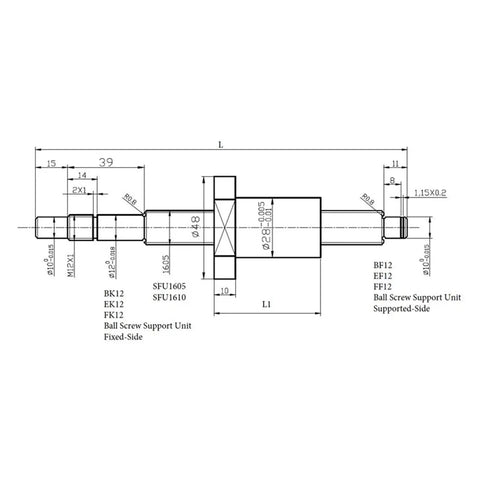 Grab This Badass 600mm RM1605 Ballscrew Kit With Machined Ends Plus BK And BF12 Housing Supports And SFU1605 Coupler For Smooth High Load Transmission Efficiency Perfect For Hacking Your CNC Build Today. 600mm RM1605 CNC ballscrew drawing
