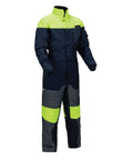 Heavy Duty Insulated Freezer Work Coveralls Built To Blast Through The Deep Freeze With Rock Solid Thermal Armor And Water Repellent Winter Job Gear For Cold Storage Crews in navy and high visibility green.