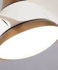 Close-up of LED light on compact ceiling fan with remote and LED light for bedroom and covered patio, brass body, 28 inch.