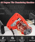 Heavy Duty Electric Tile Bevel Cutter And Wet Cut Angle Grinder For Ceramic And Marble Featuring 1200 Watt Motor Dual Handle Aluminum Base And Slick Slicing Action For No Hassle Job Site Work with red design and dual handles.
