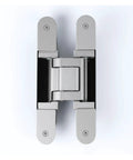 Heavy Duty 3D Concealed Cabinet Hinge In Brushed Silver Steel Featuring Butter Smooth Gliding Action And No Fuss Installation For Serious Woodworking And Home Reno Projects top view detailing hinge design and finish.